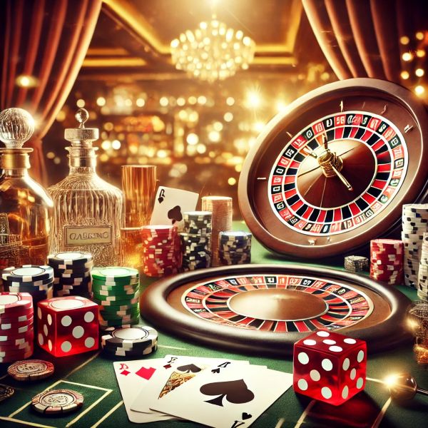 Szerencsejáték szimbólumai: pókerzsetonok, játékkártyák, rulettkerék és kockák egy kaszinóasztalon, meleg fényekkel megvilágítva.